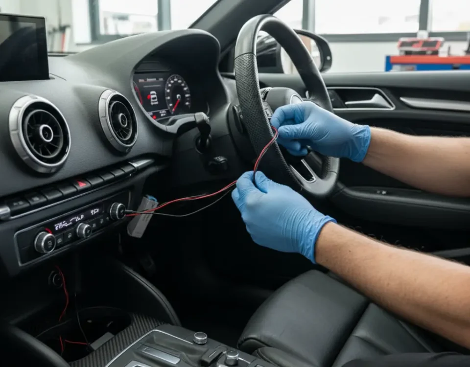 Technician installing GPS tracker inside Audi S3 dashboard in UK workshop