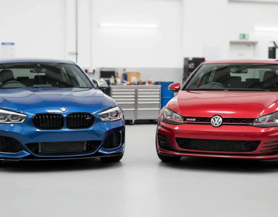 BMW 1 Series and Golf GTI style hot hatches side by side in a UK performance workshop