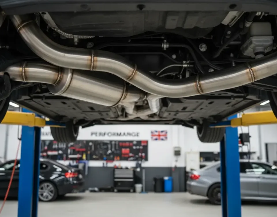 Mandrel bent stainless steel exhaust being fitted to a BMW 120i in a UK performance workshop