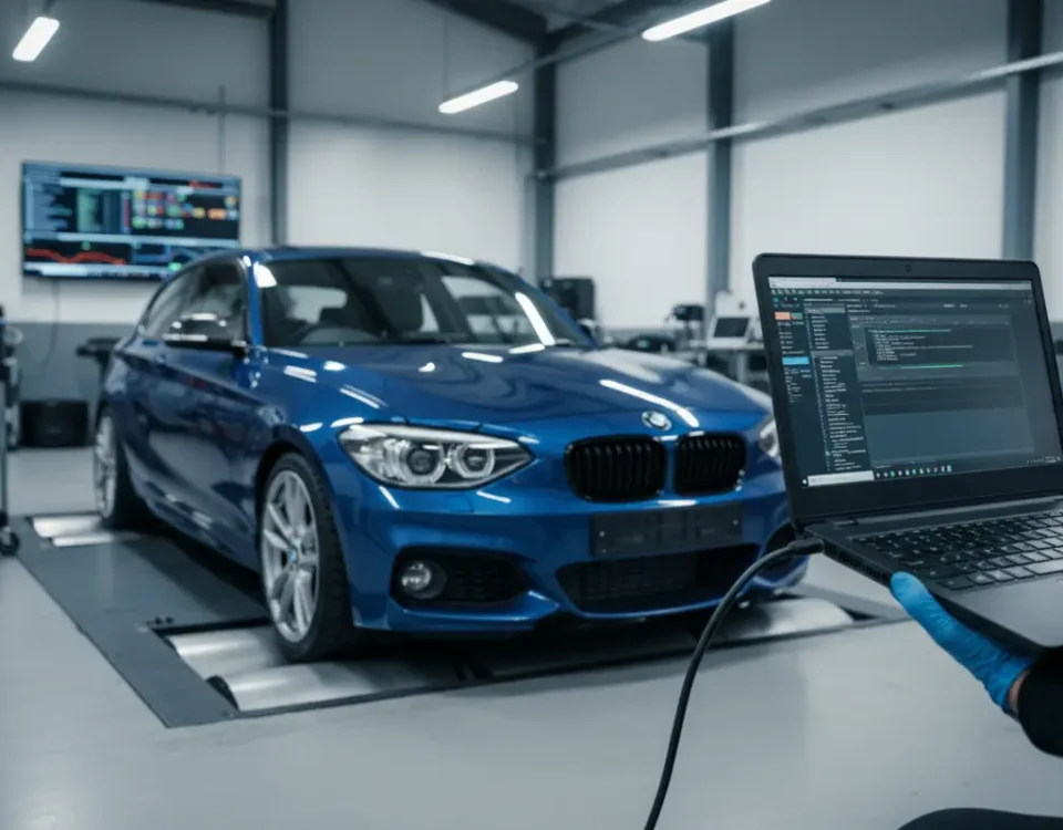 BMW 135i ECU remap in UK workshop with laptop tuning via OBD on rolling road dyno