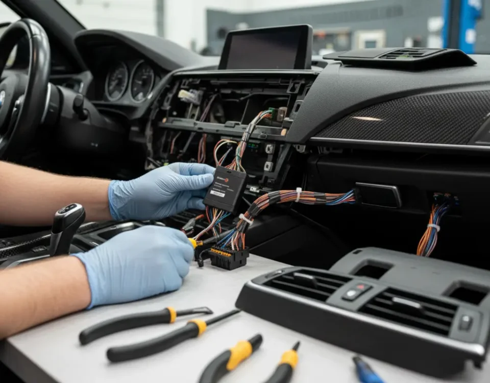 Technician installing GPS tracker inside BMW M2 dashboard in UK workshop
