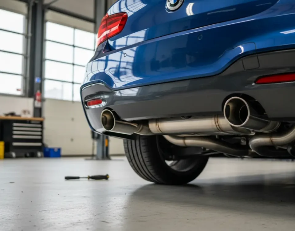 BMW 116i custom stainless steel performance exhaust with dual tips in UK workshop