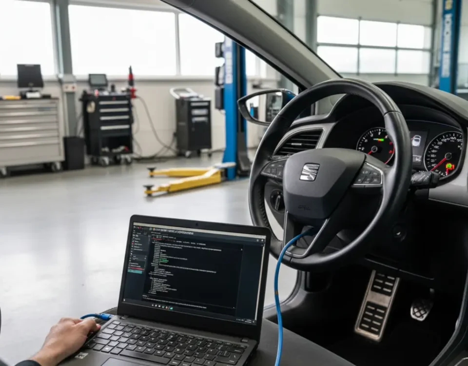 SEAT Leon FR ECU remap via laptop OBD connection inside a UK performance workshop