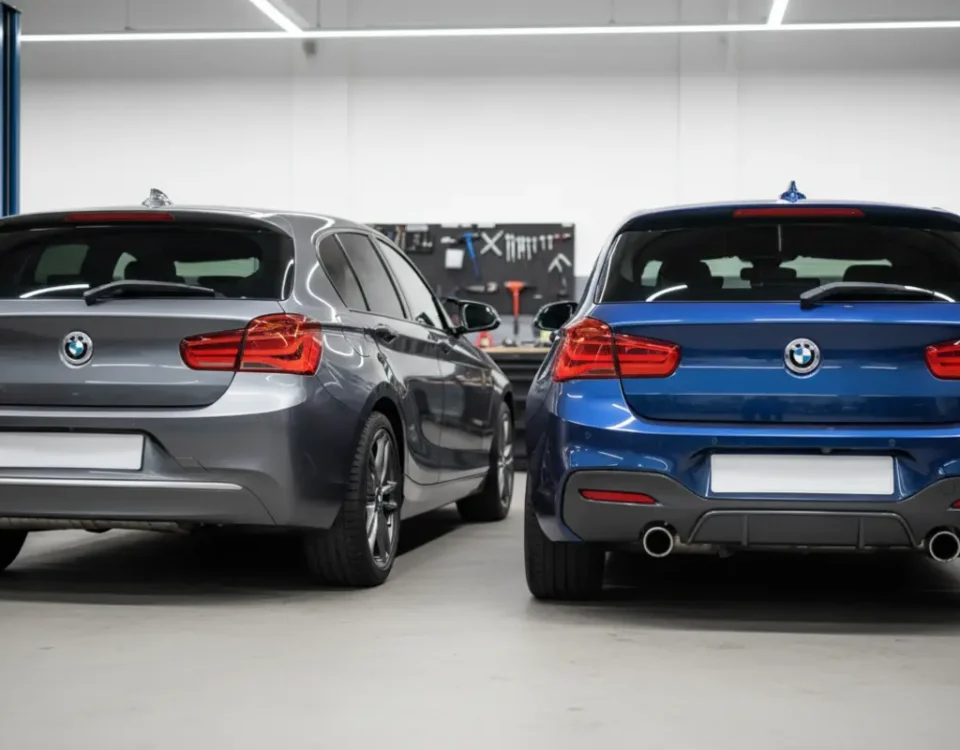 BMW 1 Series hatchbacks side by side in UK workshop showing subtle differences between 116i and 118i models