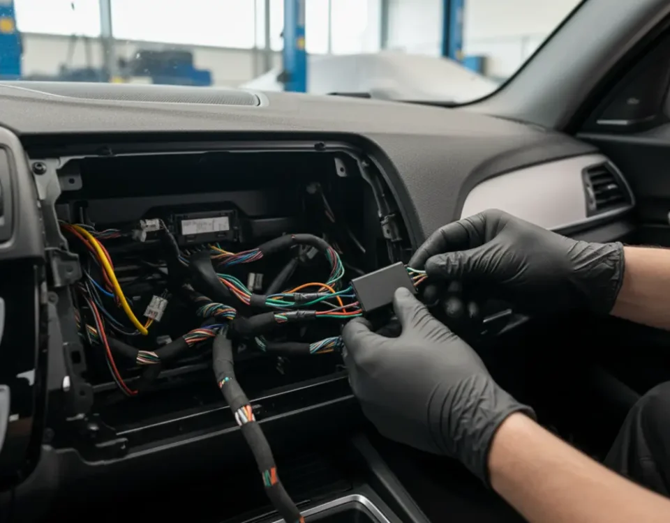 Technician installing hidden ghost immobiliser wiring inside BMW 120i dashboard in UK workshop