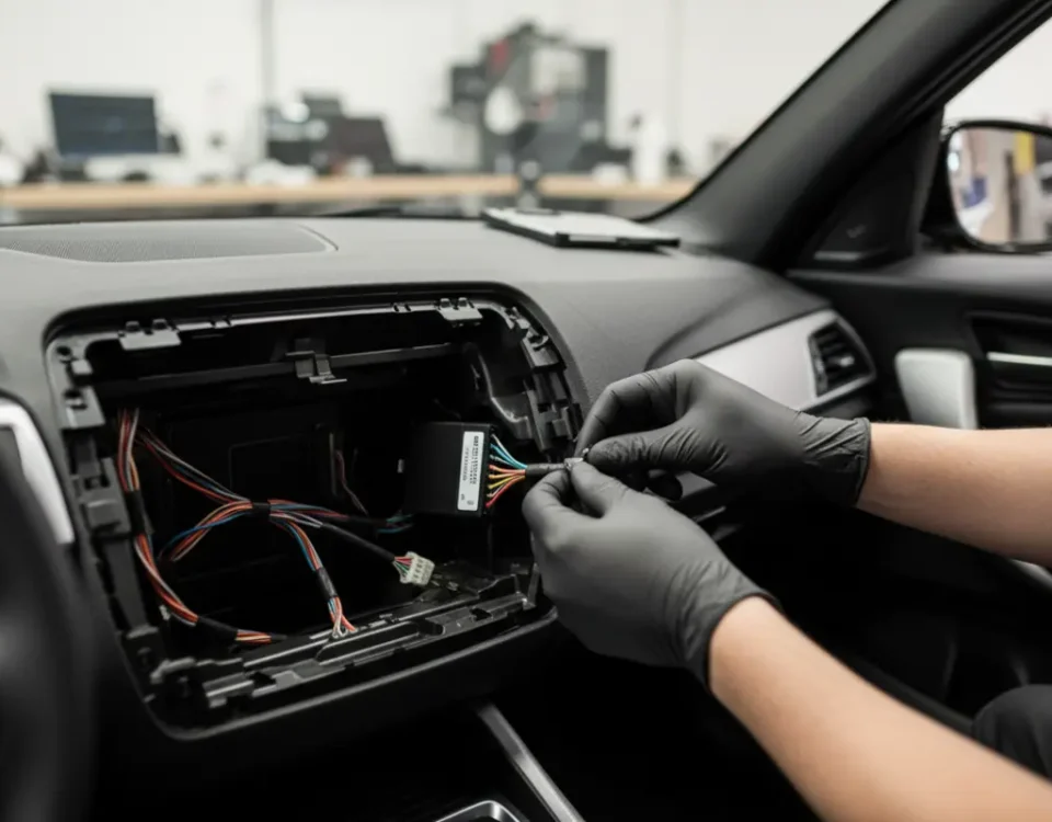 Technician installing ghost immobiliser in BMW 118i dashboard in UK workshop