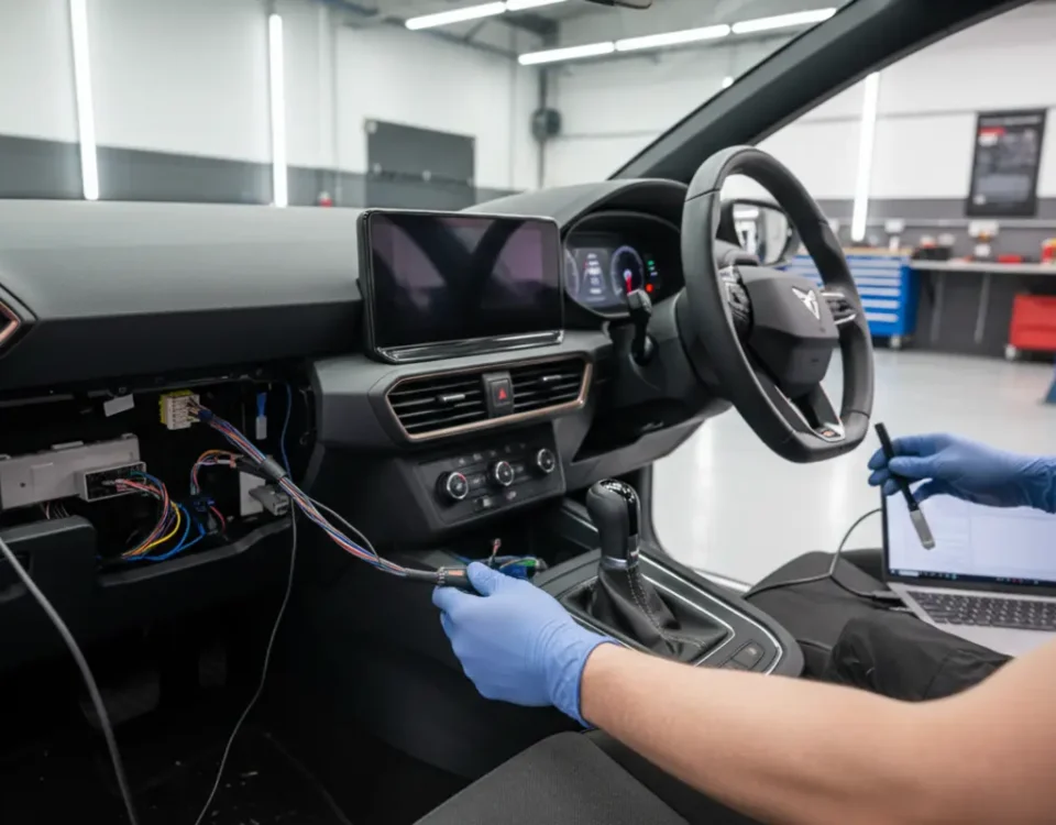 Technician installing Ghost immobiliser inside Cupra Leon dashboard in UK workshop