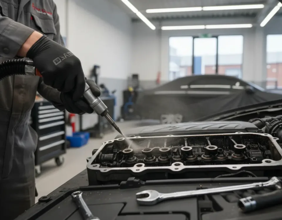 Technician walnut blasting carbon buildup from Golf R Mk8 engine intake valves in UK workshop