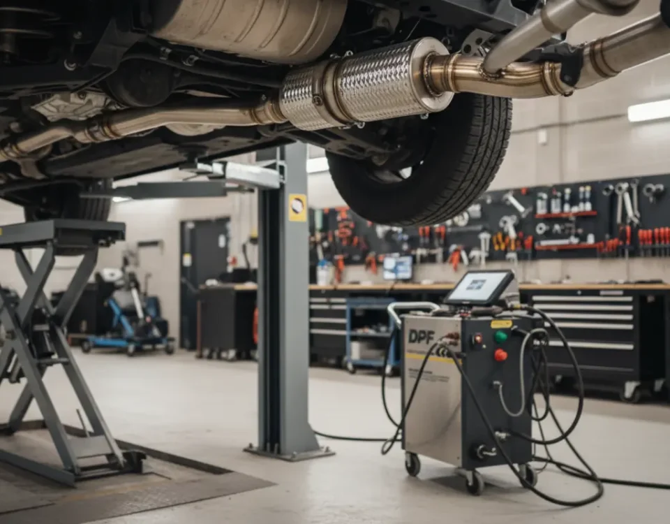 Land Rover Defender on lift with DPF removal and inspection in UK workshop