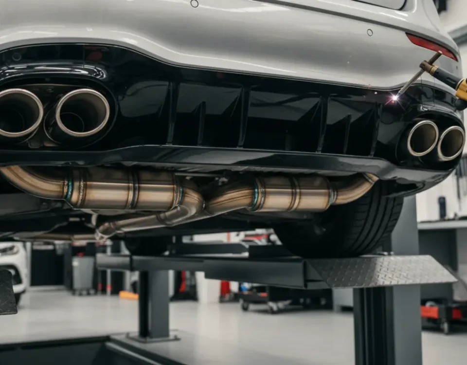 Custom stainless steel exhaust fabrication on Mercedes AMG A45 S in UK performance workshop