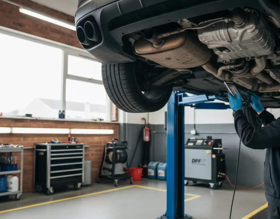 Porsche Cayenne DPF inspection and cleaning in a UK workshop with underbody exhaust view