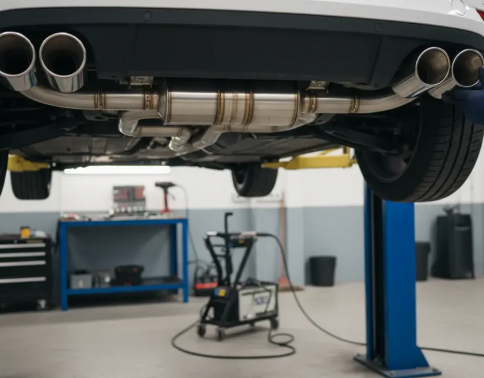 SEAT Leon FR custom stainless steel performance exhaust installation in UK workshop