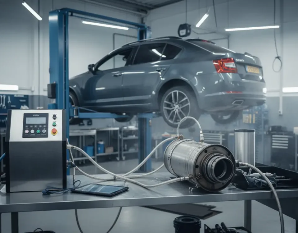 Skoda Octavia vRS DPF removed and cleaned in a UK workshop with professional diagnostic equipment