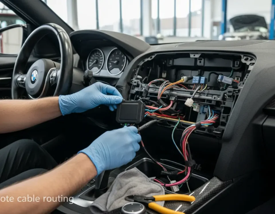 Technician installing SmartTrack GPS tracker inside BMW M140i dashboard in UK workshop