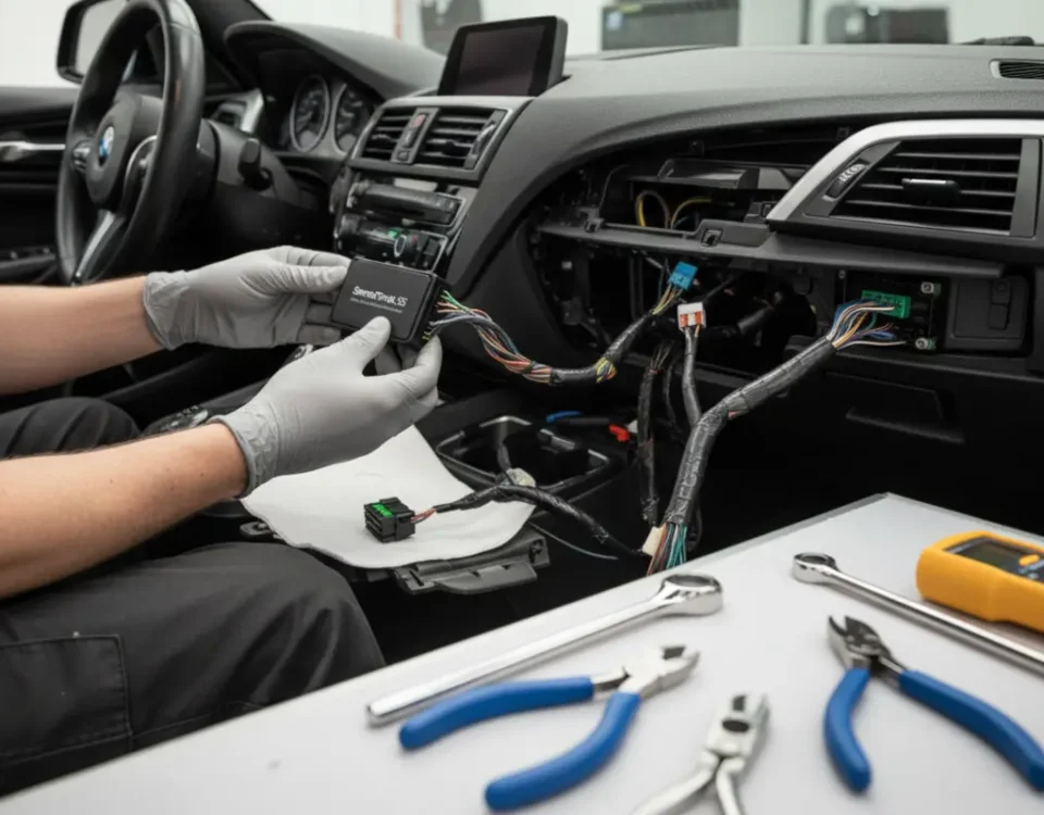 Technician installing SmartTrack S5 tracker inside BMW M135i dashboard in UK workshop