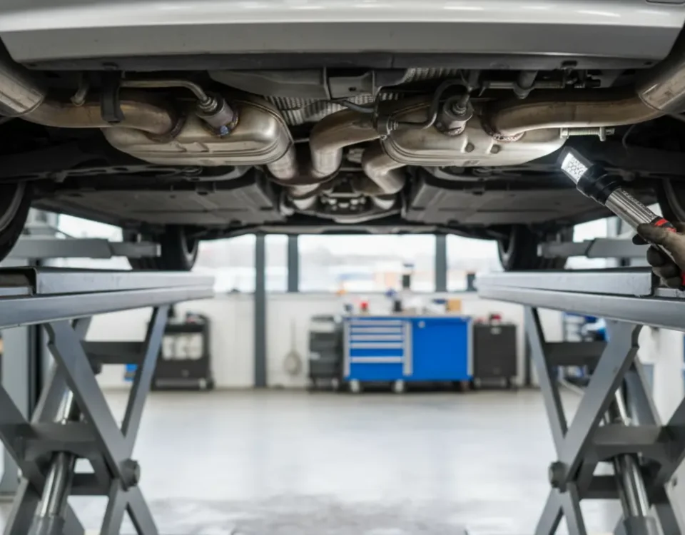 BMW 116i underbody exhaust inspection in UK workshop showing pipes and corrosion check