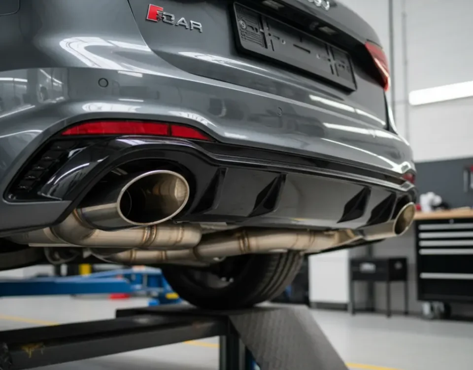 Audi RS4 Avant with custom stainless steel performance exhaust in UK workshop rear detail