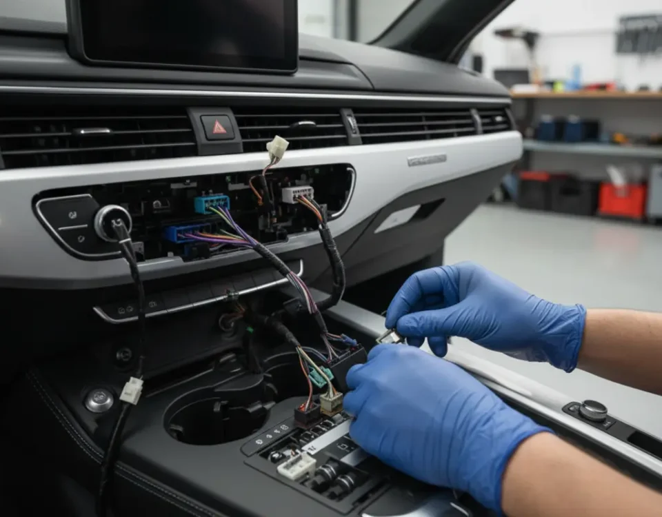 Technician installing ghost immobiliser wiring inside Audi RS4 dashboard in UK workshop