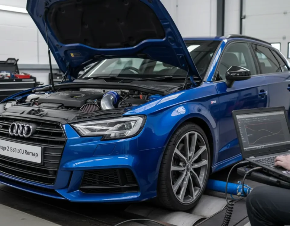 Audi S3 on dyno during Stage 2 IS38 ECU remap in UK performance workshop