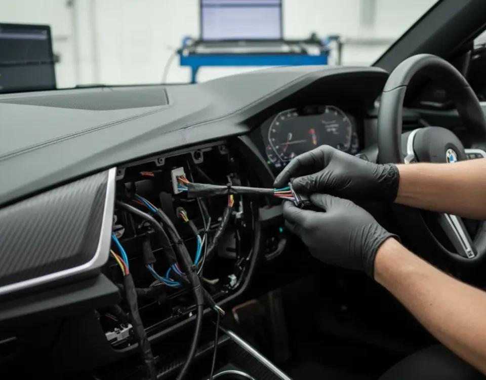 Technician installing hidden Ghost immobiliser in BMW M2 G87 interior in UK workshop