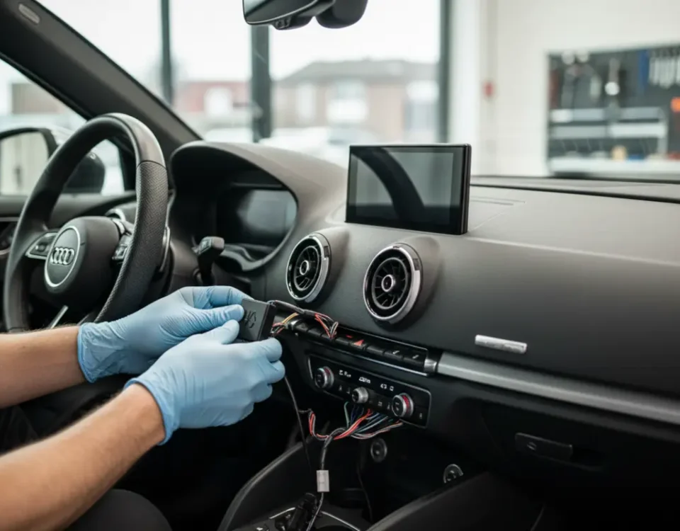 Technician installing hidden Ghost immobiliser wiring inside Audi RS3 dashboard in UK workshop