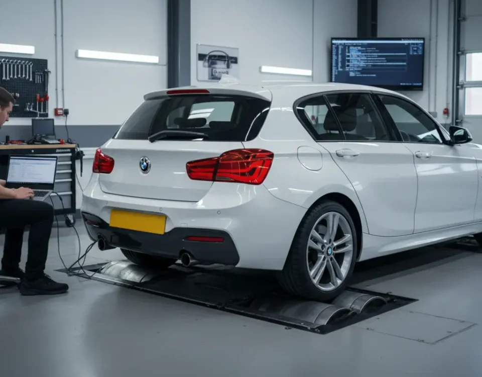 BMW 1 Series on rolling road dyno during ECU remap in a UK performance workshop