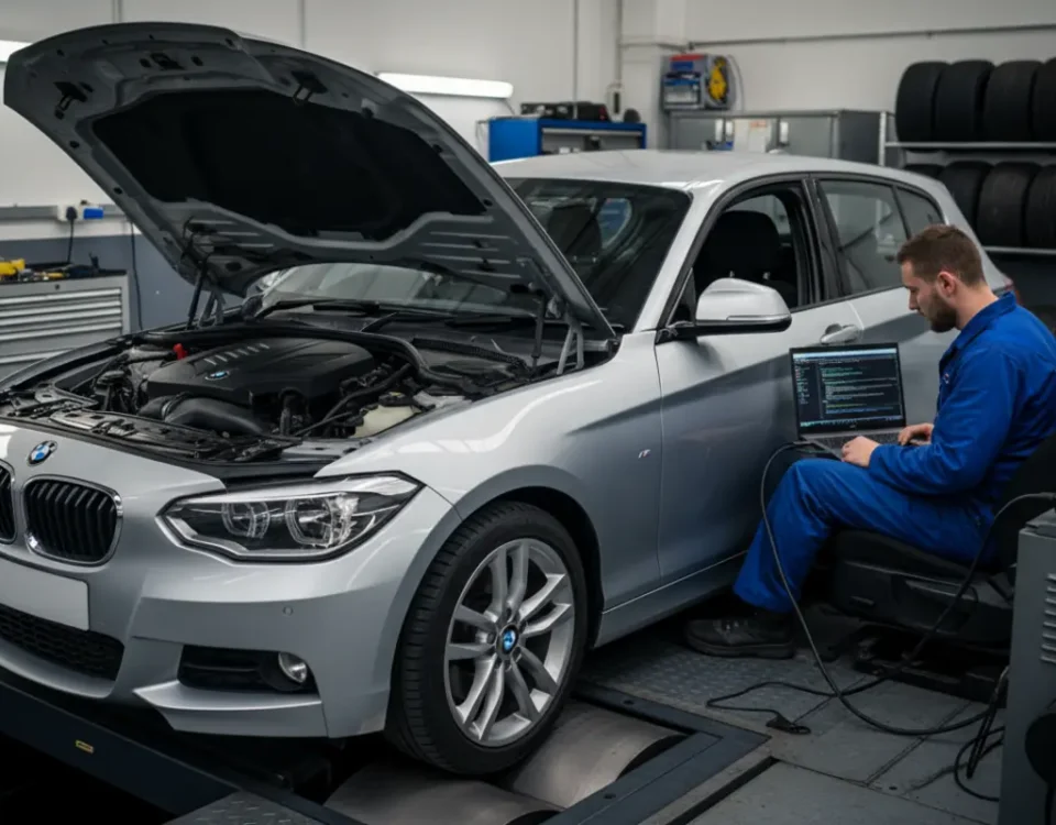BMW 120i ECU remapping on dyno with laptop tuning setup in UK performance workshop