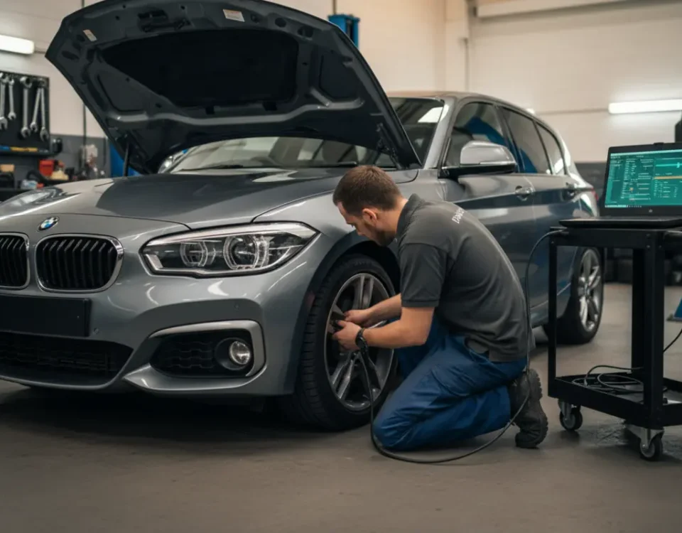 BMW 120i ECU remap in UK workshop with laptop connected for Stage 1 tuning