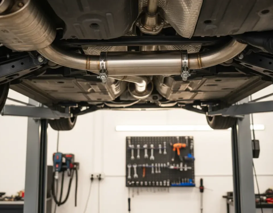 BMW 135i resonator delete installation showing stainless exhaust pipe under car in UK workshop