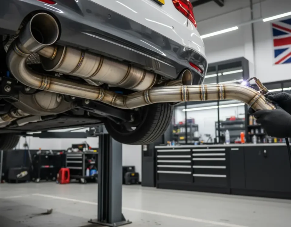 BMW M140i B58 custom stainless exhaust being TIG welded in a UK performance workshop