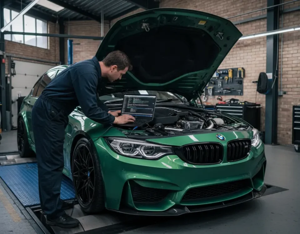 BMW M3 G80 on dyno in UK workshop during Stage 1 ECU remap with laptop tuning setup