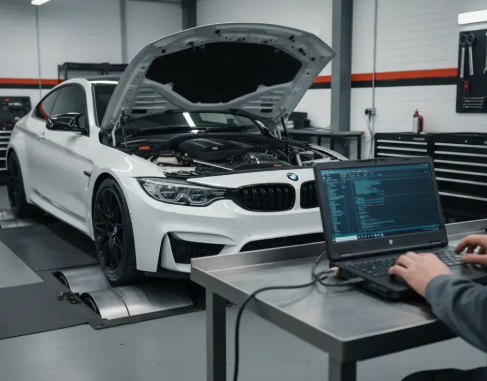 BMW M4 on dyno in UK workshop during ECU remap with laptop tuning setup