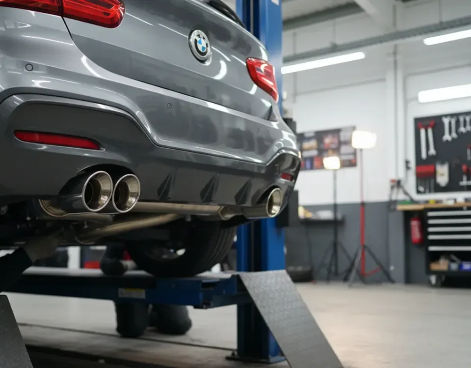 BMW 118i performance exhaust upgrade with polished dual tips in a UK workshop