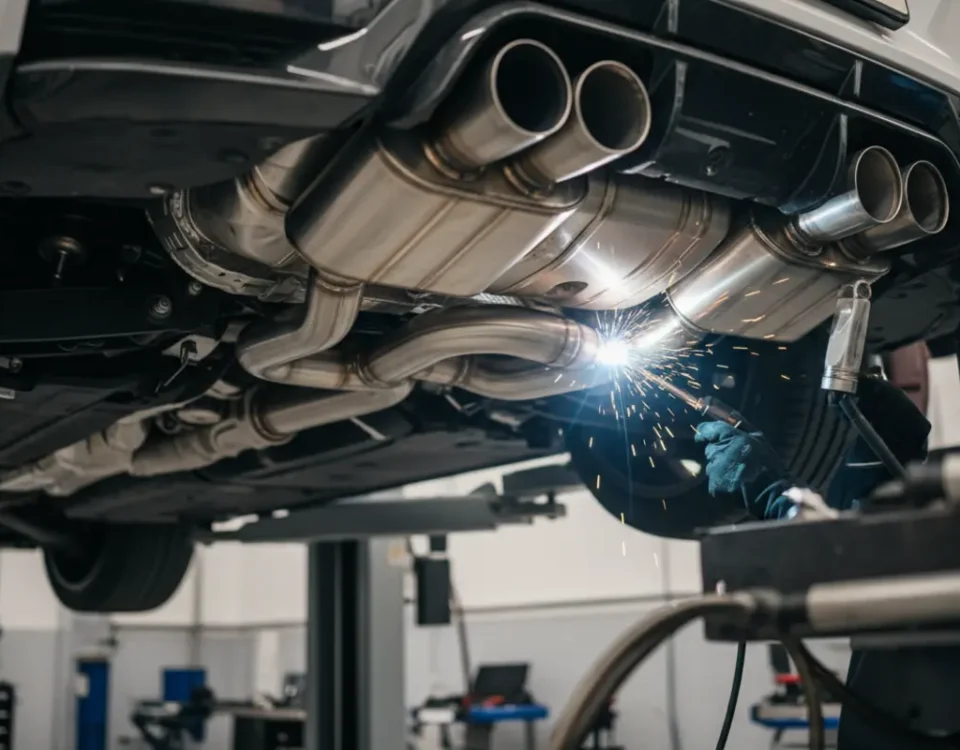 Custom stainless steel BMW M3 CS exhaust fabrication with TIG welding in a UK performance workshop