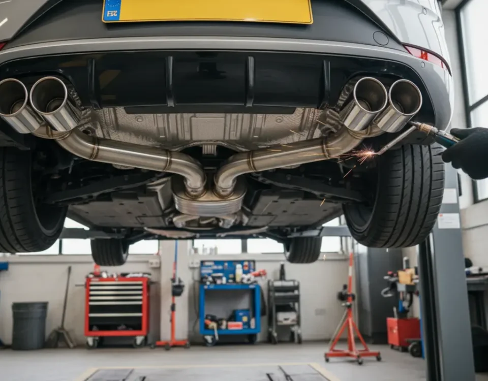 Custom stainless steel exhaust being fitted to Cupra Leon in UK performance workshop