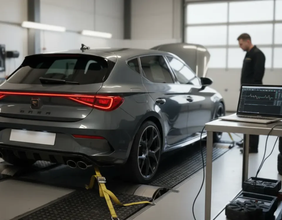 Cupra Leon on rolling road dyno during ECU remap in UK performance workshop