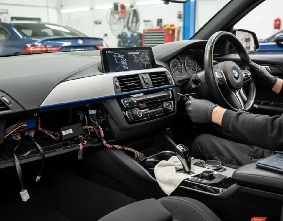 Technician installing ghost immobiliser inside BMW M135i dashboard in UK workshop