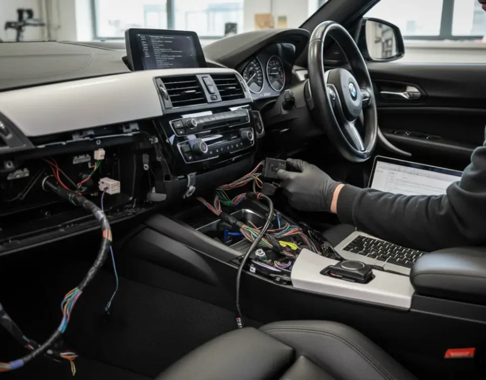 Technician installing Ghost immobiliser wiring inside BMW M140i dashboard in UK workshop