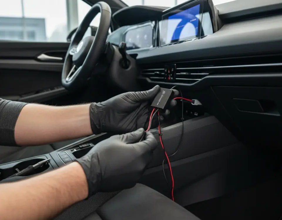 Technician installing ghost immobiliser wiring inside VW Golf R Mk8 dashboard in UK workshop