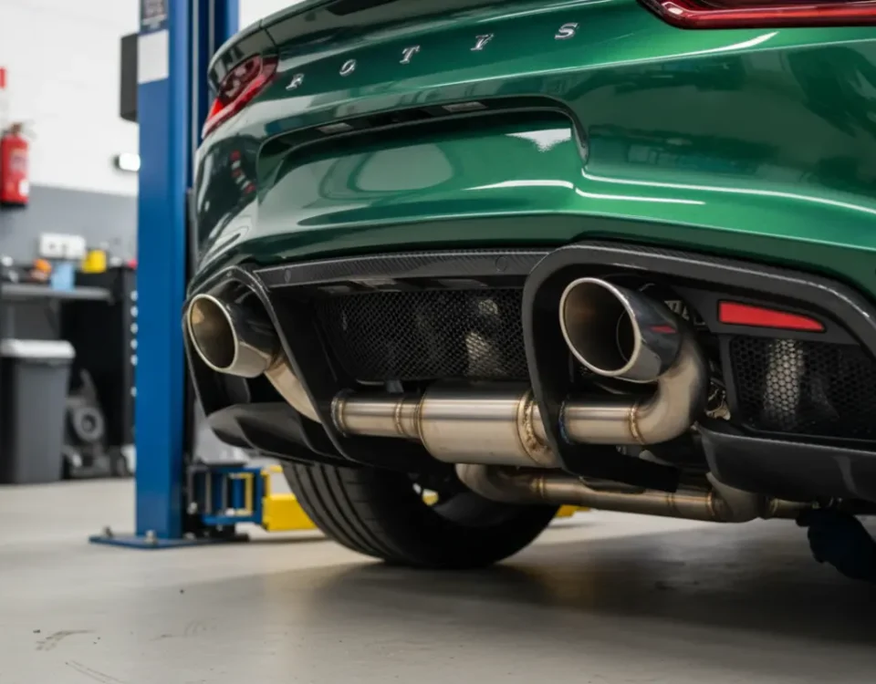Lotus Emira bespoke stainless steel performance exhaust being fabricated in a UK workshop