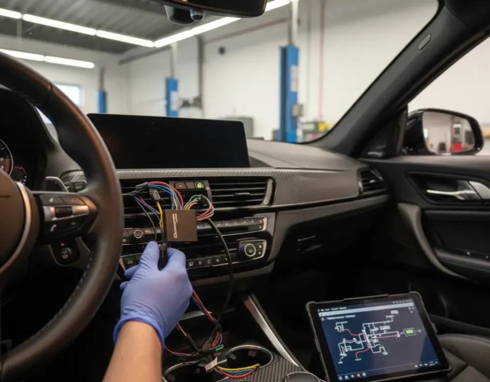 Technician installing SmartTrack GPS tracker inside BMW M2 G87 dashboard in UK workshop