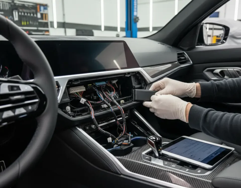 Technician installing hidden GPS tracker inside BMW M3 G80 dashboard in UK workshop