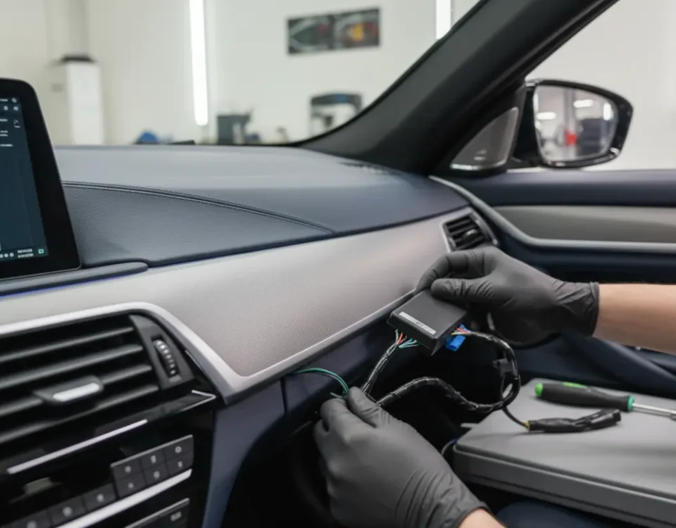 Technician installing hidden SmartTrack S5 vehicle tracker inside Alpina style car dashboard in UK workshop