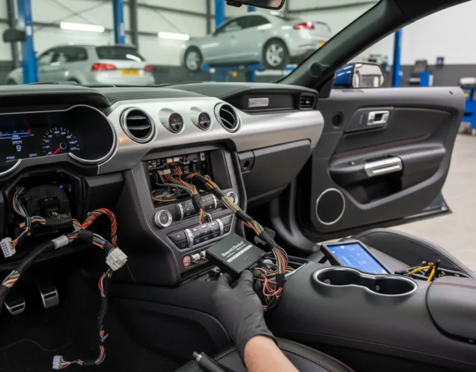 Technician installing SmartTrack S5 tracker in Ford Mustang interior at UK workshop