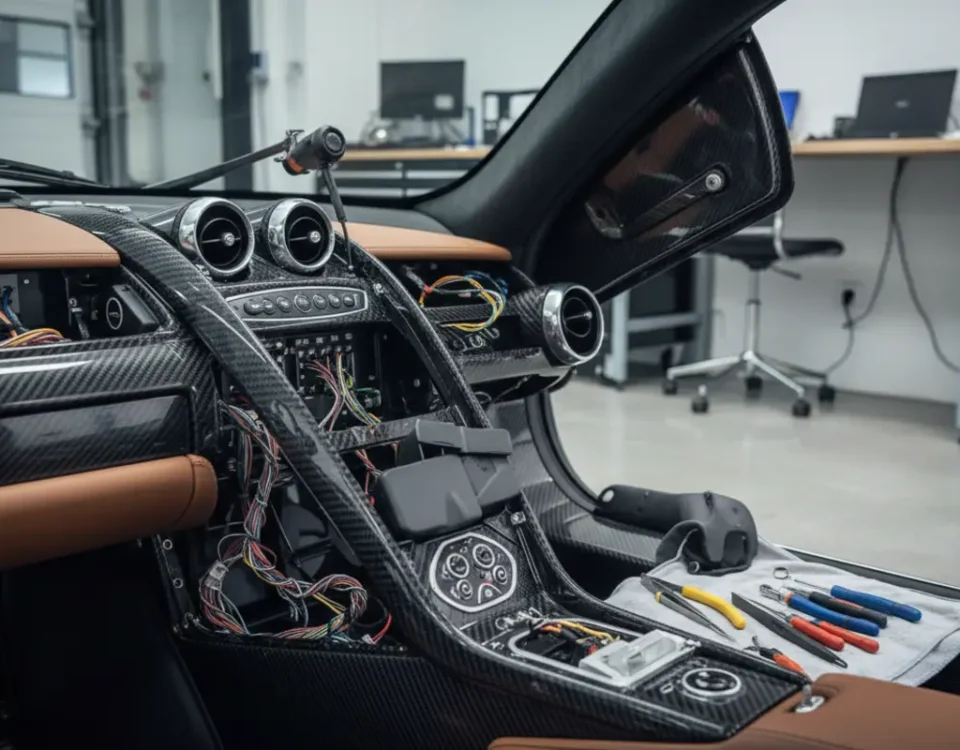 Technician installing discreet GPS tracker inside Pagani Huayra dashboard in UK workshop