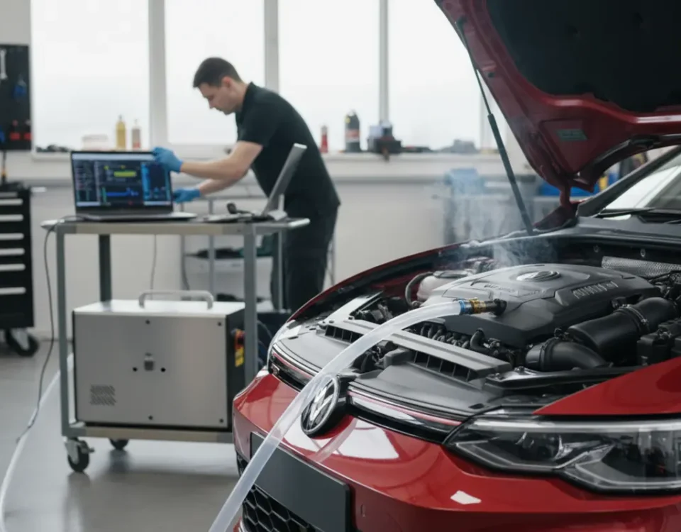 VW Golf GTI Mk8 engine bay undergoing hydro carbon cleaning in a UK performance workshop
