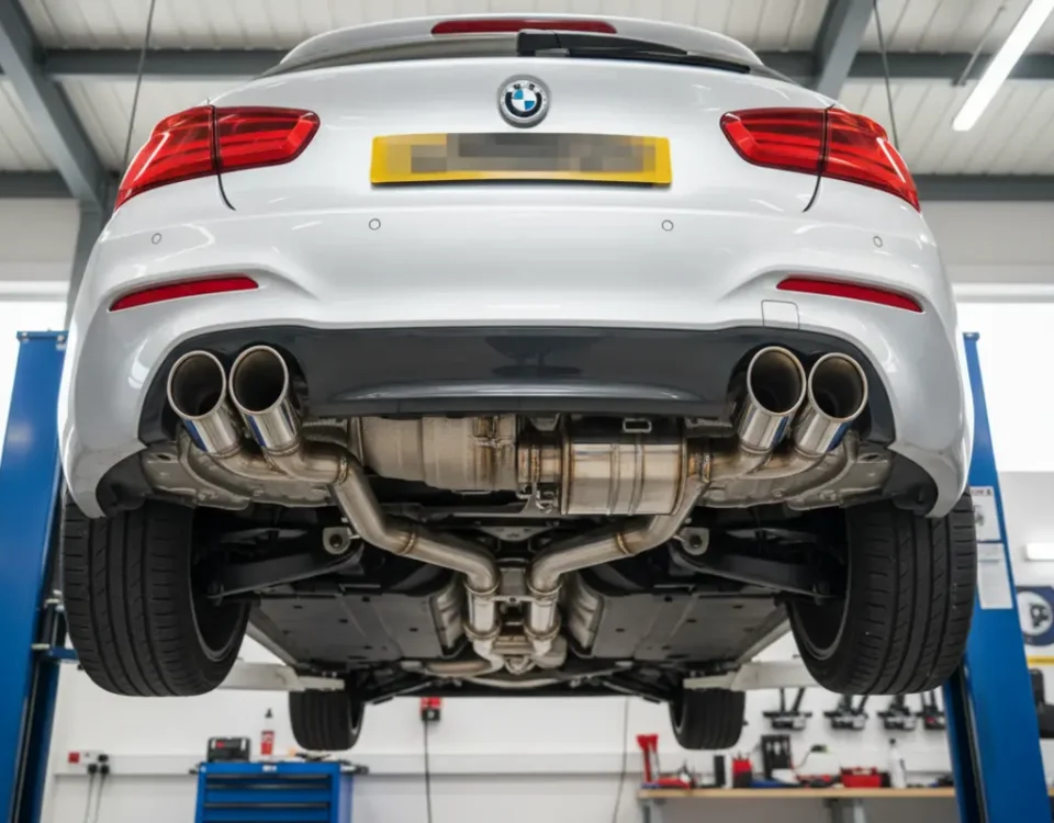 BMW 118i custom stainless steel full back exhaust fitted in a UK performance workshop