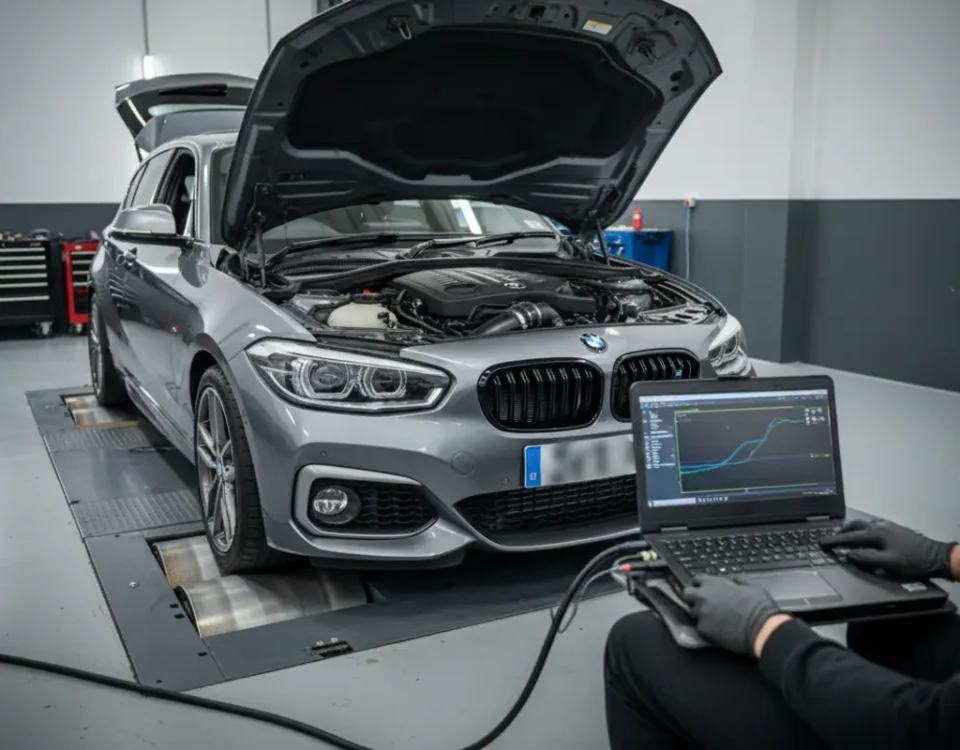 BMW M140i B58 ECU remap setup with laptop and dyno in a UK performance workshop