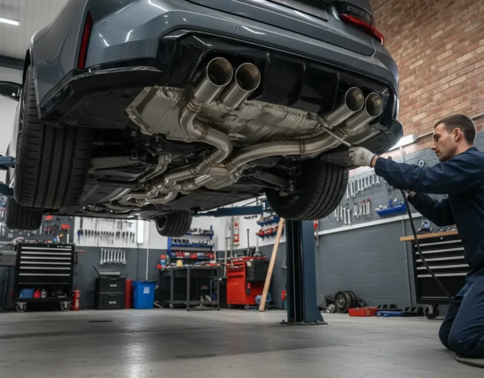 BMW M3 G80 bespoke stainless steel exhaust fabrication in a UK workshop with TIG welding and underbody detail.