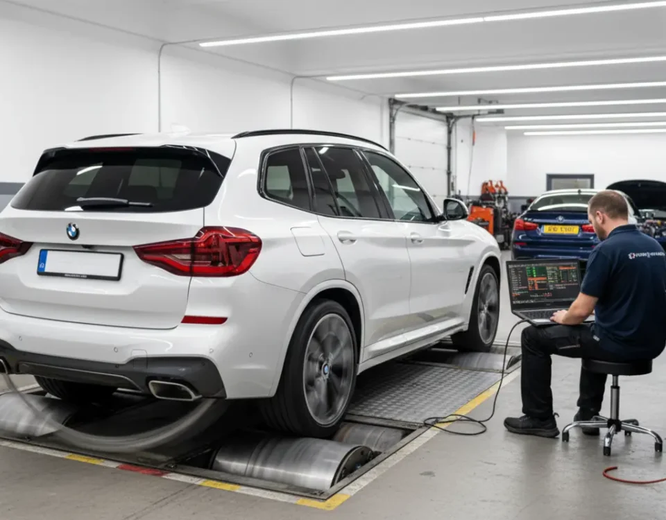 BMW X3 M40i on dyno during ECU remap in UK performance workshop with technician using laptop